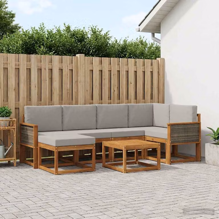 Set di divani da esterno vidaXL 7 pz in legno di acacia con cuscini, composizione a L con tavolino e pouf, beige e grigio