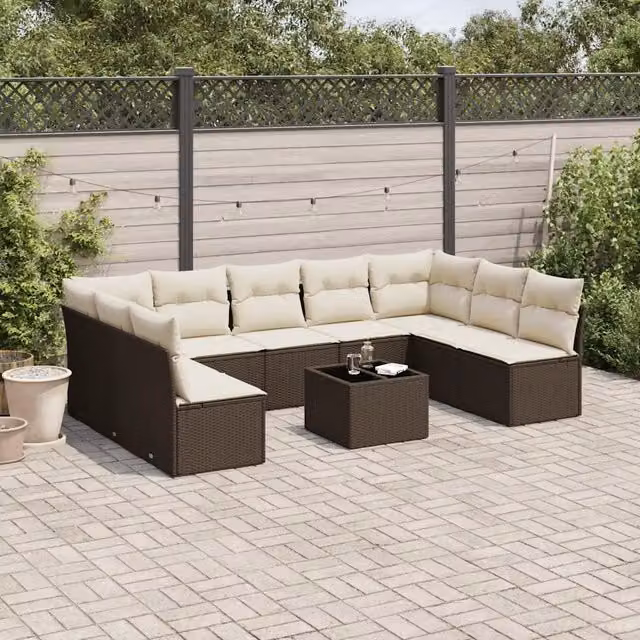 Set Divani da Giardino 10pz con Cuscini in Polyrattan Marrone 3249922
