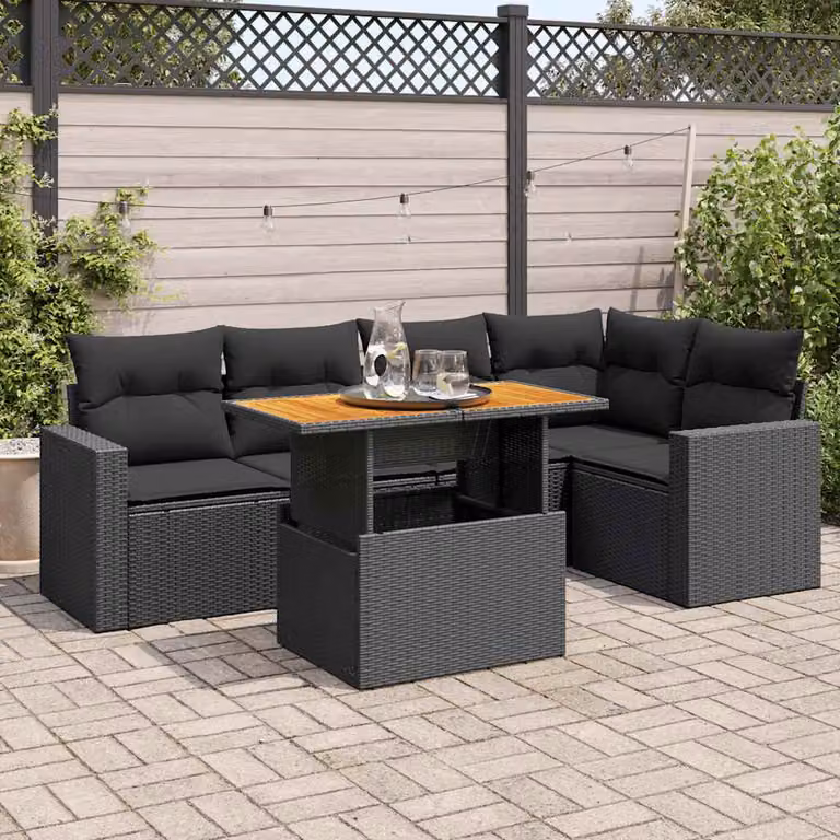 Set Divano da Giardino vidaXL 6 pz in Polyrattan e Legno di Acacia Oliato, Nero