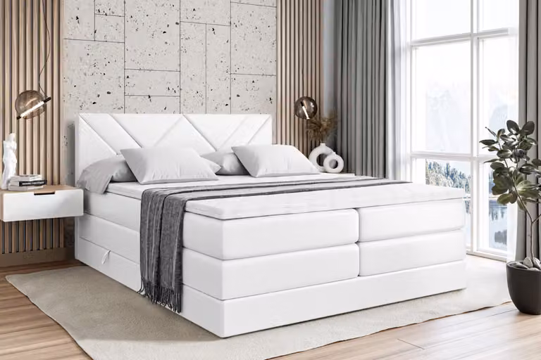 Letto boxspring ALTDECOR con 2 materassi e topper - 200x200 cm - BARWA KING - Pelle finta bianca - Letto imbottito con materassi H3 e H4, contenitore e rete a doghe, letto con spazio contenitivo