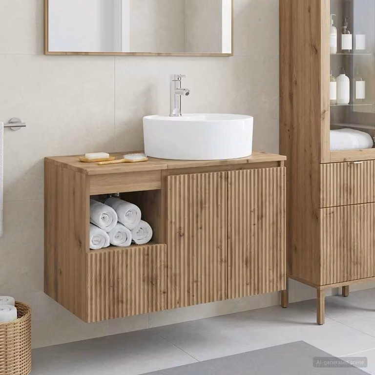 Set di mobili da bagno moderni vidaXL composto da mobile lavabo e pensile a parete in legno marrone con ante a cerniera e ripiani interni