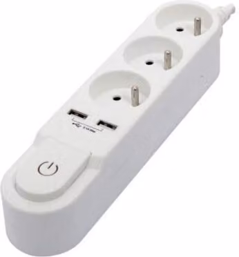 Multipresa con interruttore, 3 prese da 16 A, 2 porte USB da 2 A, cavo da 1,5 m, bianco