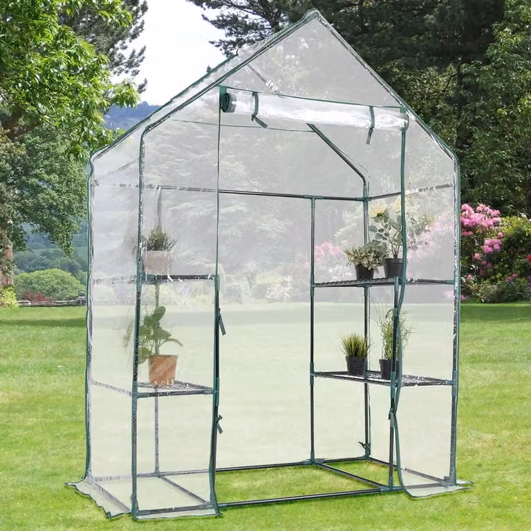 Costway Mini Serra in Legno e PVC con 3 Livelli e Scaffali per Piante da Interno L: 143 cm, P: 73 cm, H: 195 cm