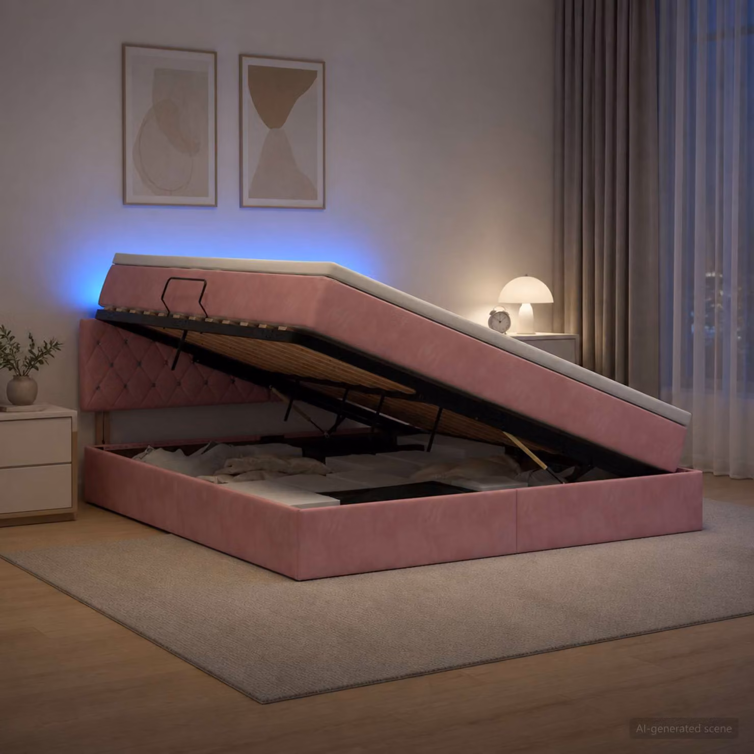 Letto con contenitore e illuminazione LED vidaXL in velluto rosa, L/P/H: 160 x 200 x 88 cm
