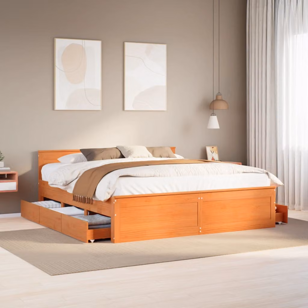 Letto con giroletto e testiera vidaXL in legno di pino color marrone cera L/P: 180 x 200 cm