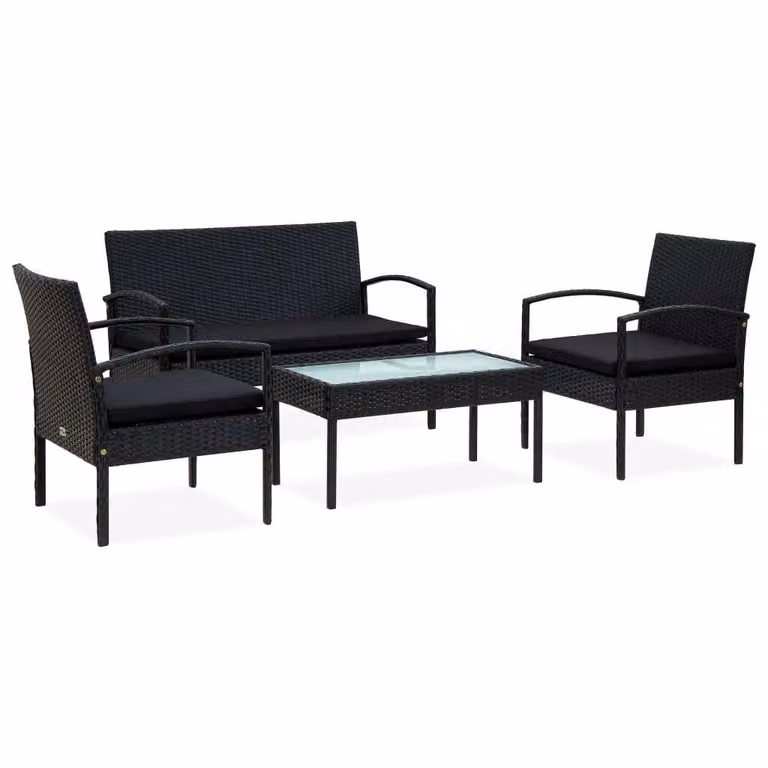 The Living Store Set salotto da giardino 4 pezzi con cuscini in poly rattan nero