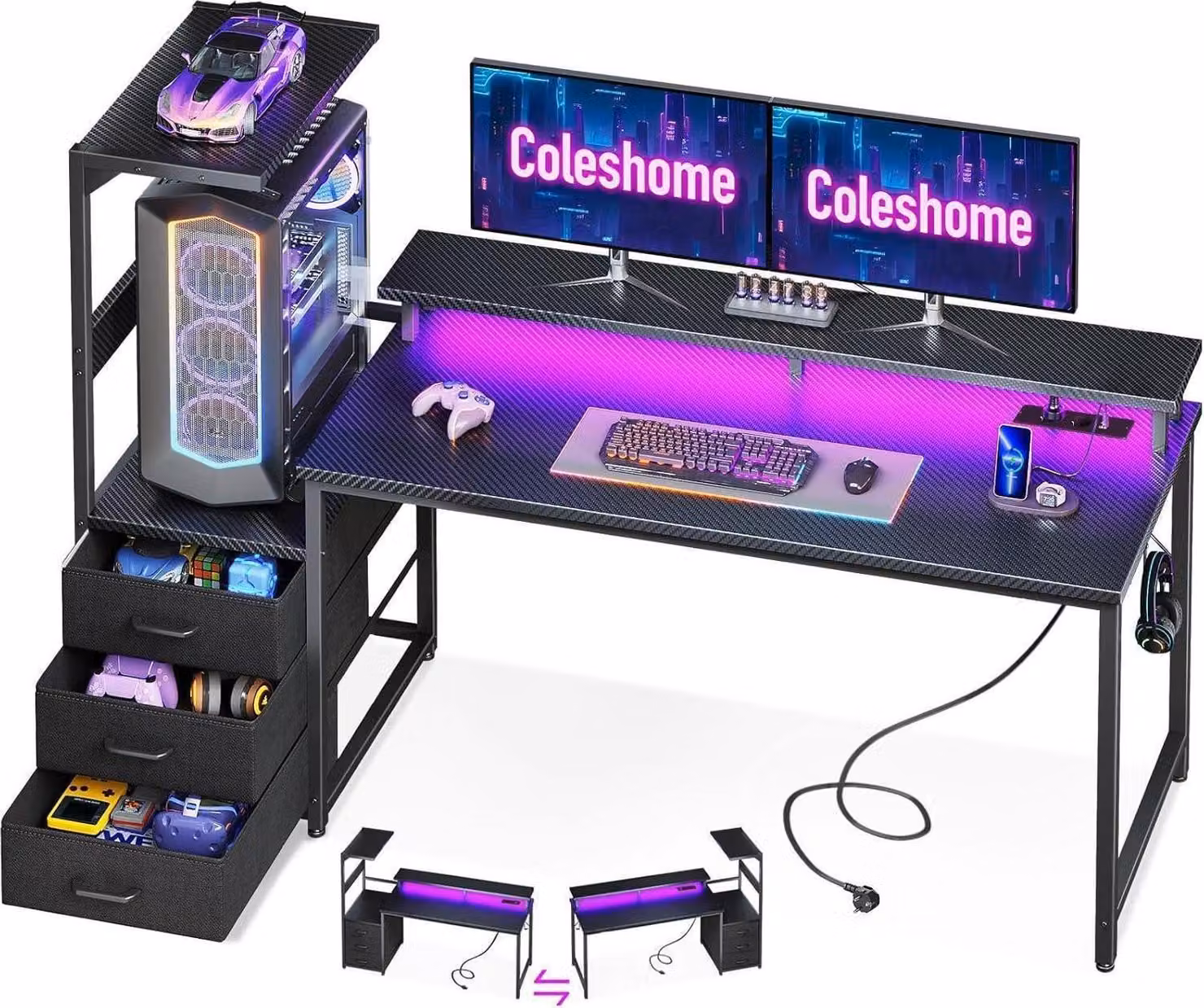 Tavolo da gioco con illuminazione a LED e presa di corrente, fibra di carbonio, nero, 151×50 cm
