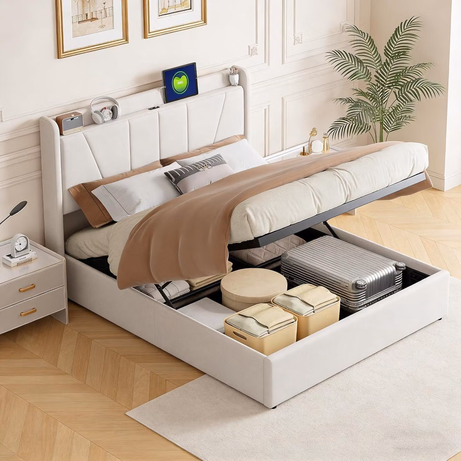 Letto con boxspring 160x200 cm, con spazio contenitore, struttura per letto matrimoniale con cassetti a sollevamento idraulico, testiera con prese USB, imbottitura in lino color beige, senza materasso