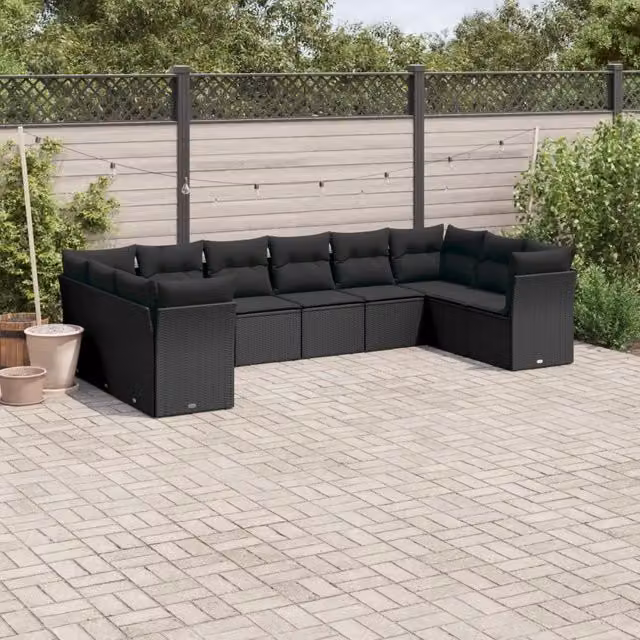 Set Divani da Giardino 10pz con Cuscini in Polyrattan Nero 3250034