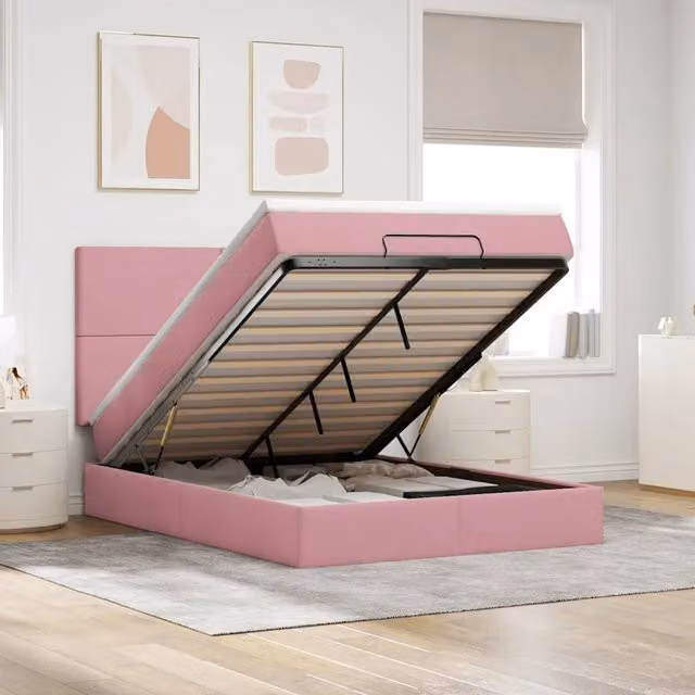 Letto con contenitore a sollevamento vidaXL in velluto rosa e bianco L 140 x P 190 cm