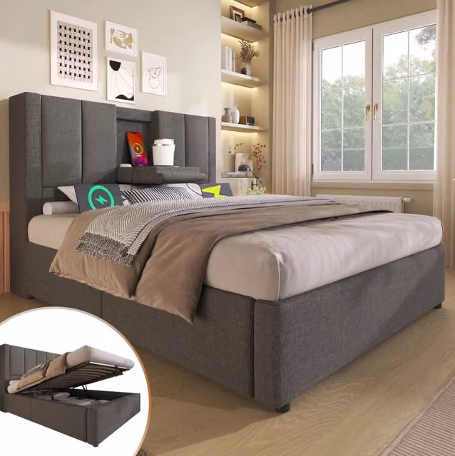 Letto imbottito 90x200 cm con contenitore; portabicchiere e stazione di ricarica; grigio