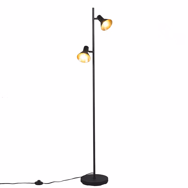 Lampada da terra - Nero - Colore oro - Metallo - 2 luci - H 144 cm