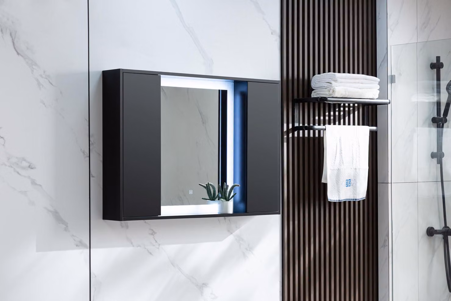 Mobile a specchio - Nero opaco - 120 L x 70 A - Con LED e 4 ripiani regolabili