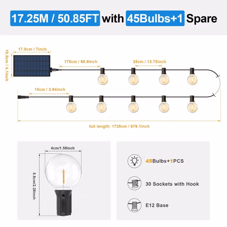 Catena luminosa a LED solare – Per uso esterno – 17,25 metri – 46 lampadine G40 – Telecomando – Dimmerabile – Grado di protezione IP65 (resistente all'acqua)