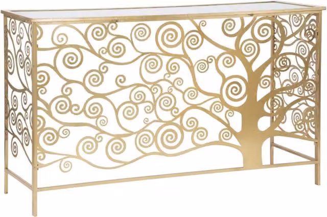 Console Albero della Vita 141,5x40,5x81,5 cm in Ferro MDF e Specchio Oro