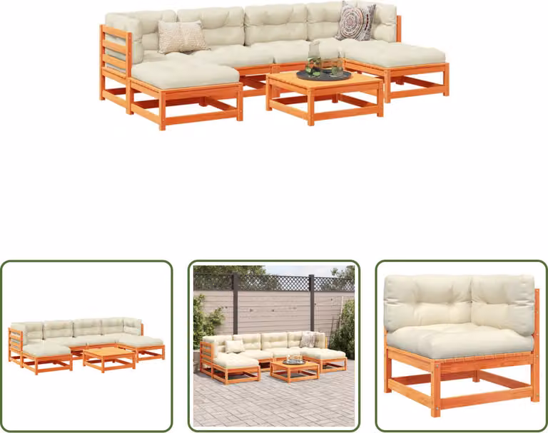 The Living Store Set di divani da giardino 7 pezzi con cuscini Wax in legno di pino marrone