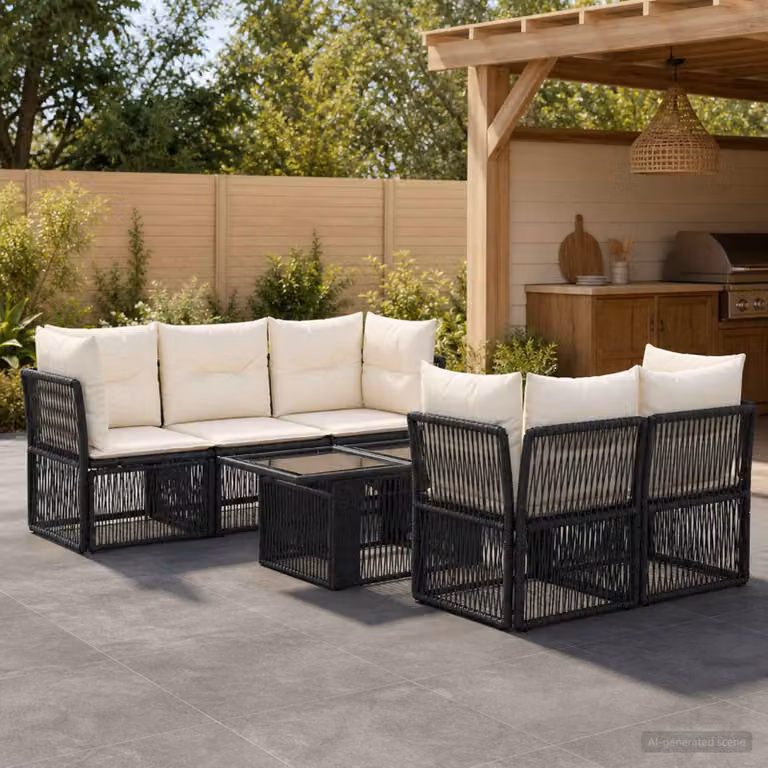 Set Divano da Giardino vidaXL 6 pz in Polyrattan Nero con Cuscini e Tavolino da Esterno a Forma di L