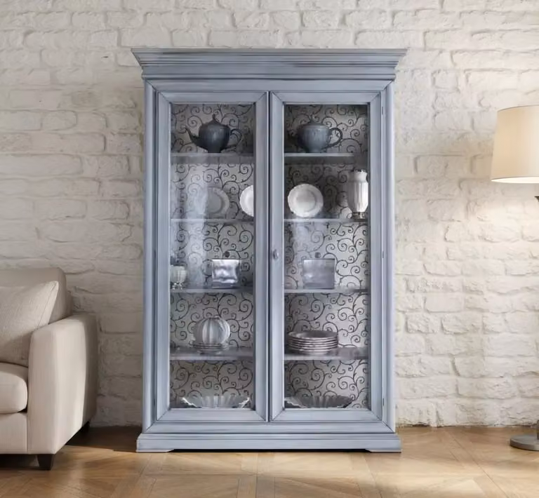 Vetrina shabby chic Mobili 2G in legno azzurro con ante in vetro L: 145 cm, P: 50 cm, H: 215 cm