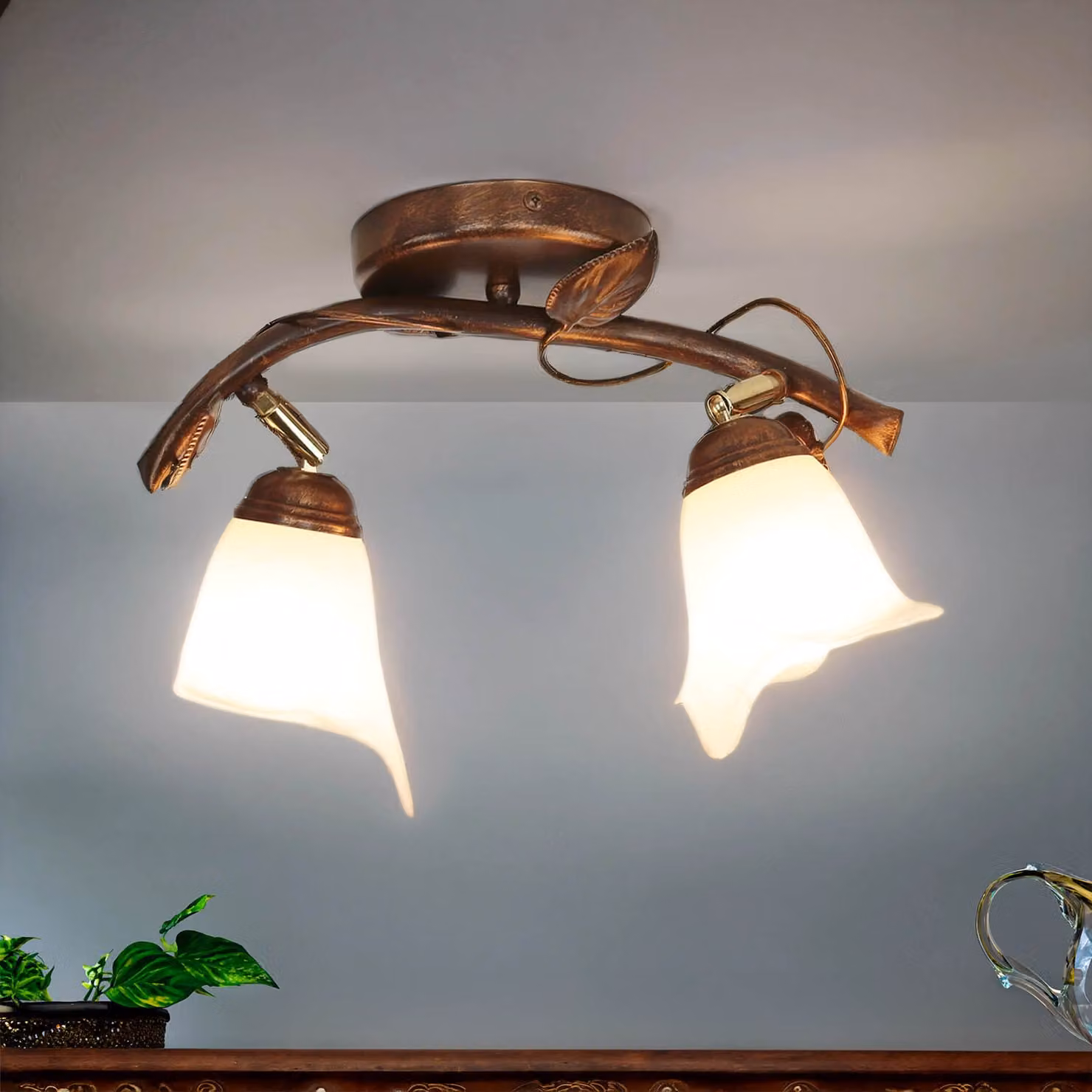 Plafoniera Shabby marrone antico vetro metallo floreale elegante LOELLA lampada da soggiorno soffitto