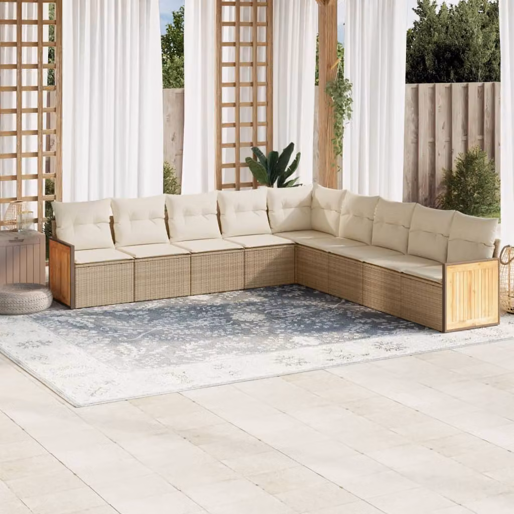 vidaXL Set Divano da Giardino a L 9 pz in Legno di Acacia e Polyrattan con Cuscini Beige e Rivestimenti Rimovibili – 1