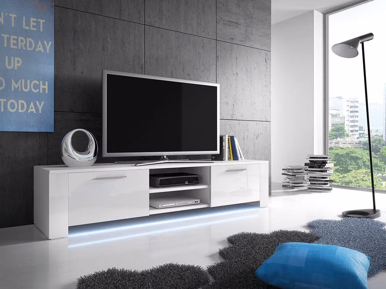 Tavolino per TV con illuminazione a LED FERNS 9 - bianco / bianco lucido