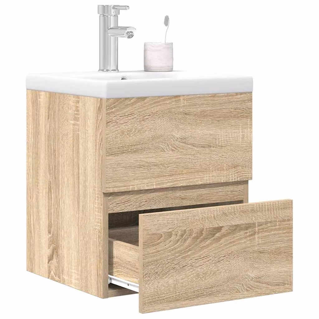 Set di mobili da bagno vidaXL composto da 2 pezzi in legno multistrato color rovere e bianco, include mobile lavabo e pensile a parete con ante e cassetti, design moderno L/P/H: 45.0 x 41.0 x 38.5 cm e 45.0 x 41.0 x 76.7 cm
