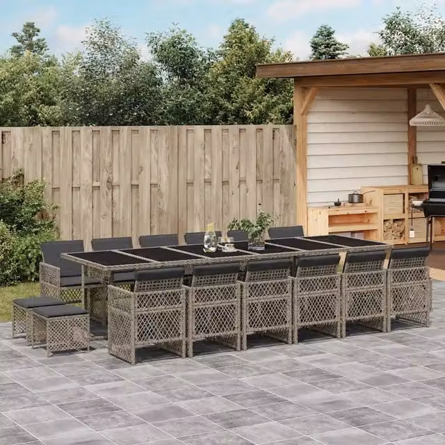 Set da pranzo da giardino vidaXL in polyrattan grigio con cuscini e tavolo in vetro, 17 pezzi