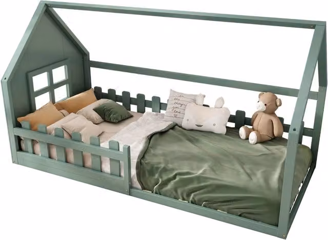 Letto a Casetta Singolo per Bambini in Pino e MDF, Verde, L/P/H: 90 x 200 x 140 cm