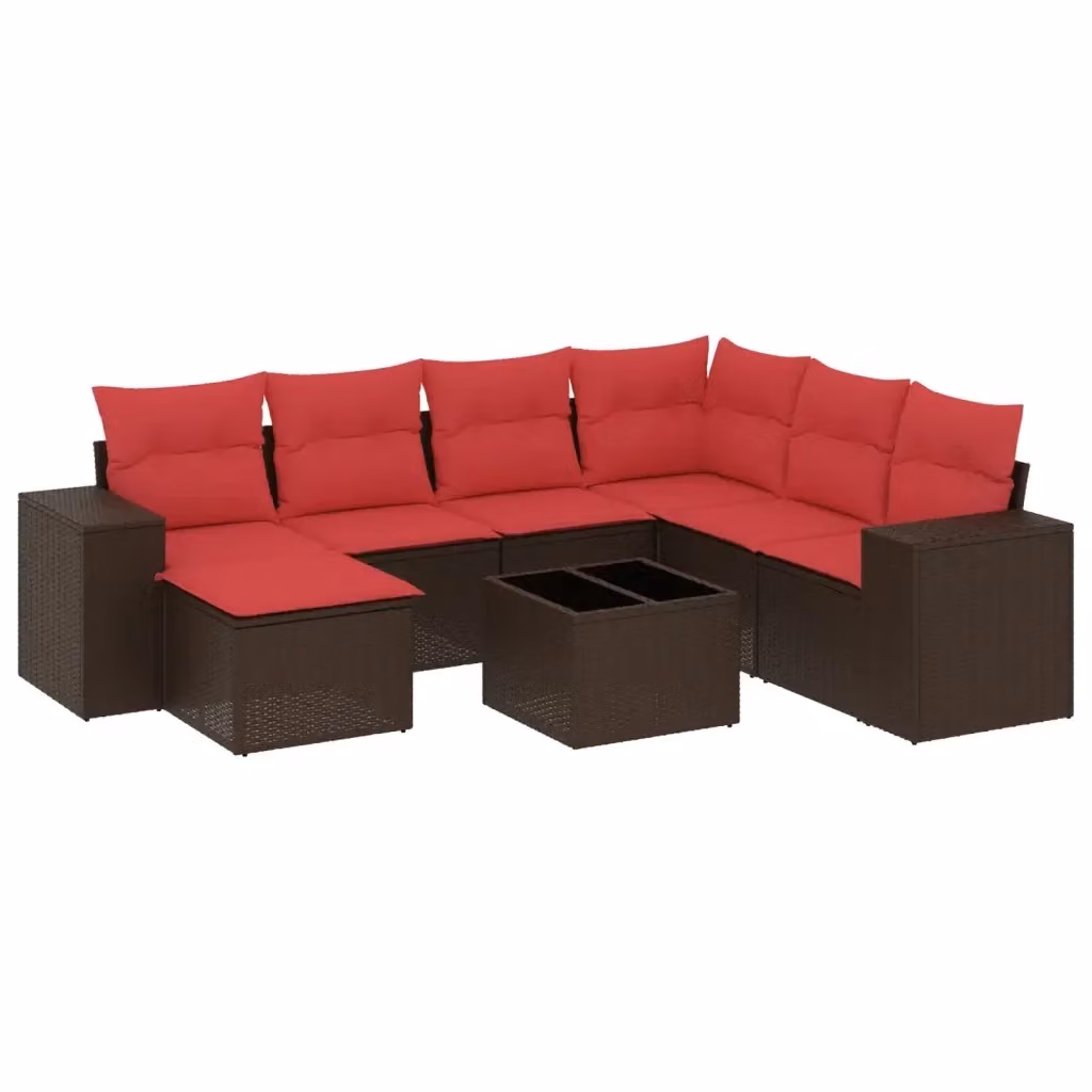 Set da giardino moderno vidaXL composto da 8 pezzi con cuscini marroni e rossi in rattan e struttura in metallo con tavolino da caffè e pouf – 2