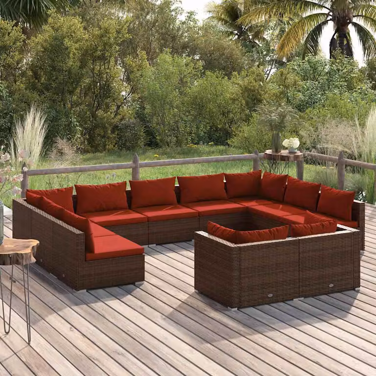 vidaXL Set di Divani da Giardino a L composto da 11 pezzi con Cuscini Marroni e Rosso e Struttura in Metallo