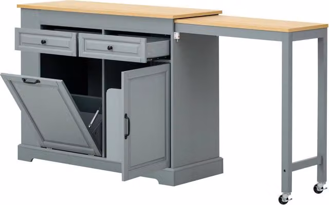 Isola cucina mobile con ruote 112-180 x 45 x 92 cm in MDF e PB con piano estraibile grigia