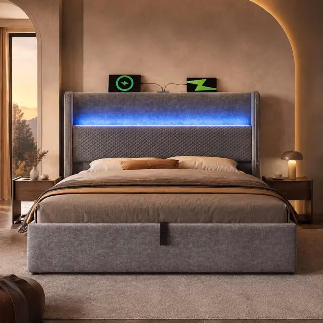 Letto matrimoniale idraulico con contenitore; testiera alta LED e USB/Type-C 140x200 cm; grigio in lino