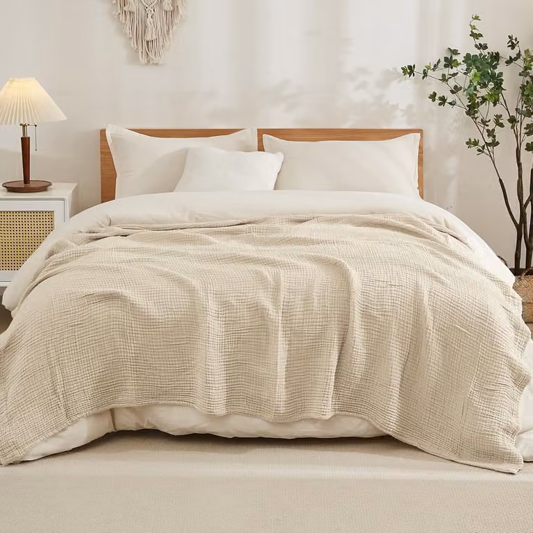 Coperta in mussola di cotone, color beige chiaro, dimensione king size, 274x228 cm