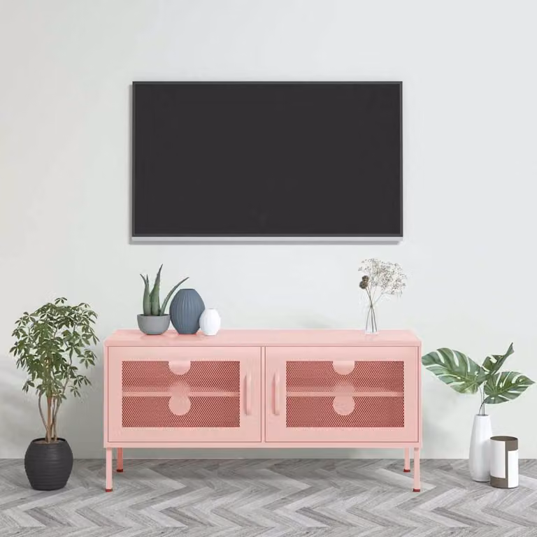 Mobile TV vidaXL in metallo rosa con ripiani per media, L 105 cm x P 35 cm x H 50 cm