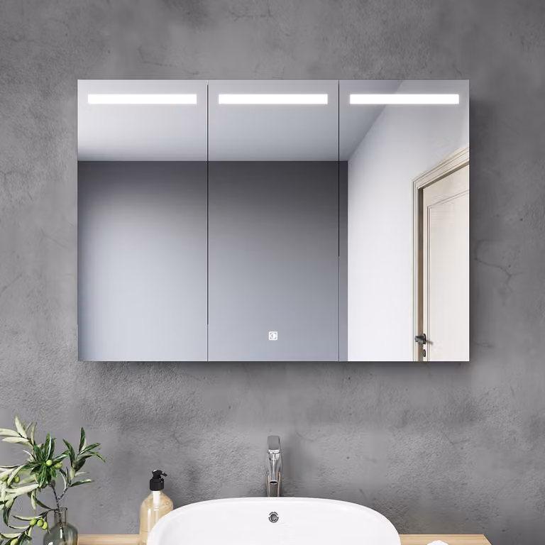 SONNI 90x65x13cm Armadio a specchio per bagno a 3 ante in acciaio inox con interruttore a sfioramento Illuminazione LED con presa per rasoio
