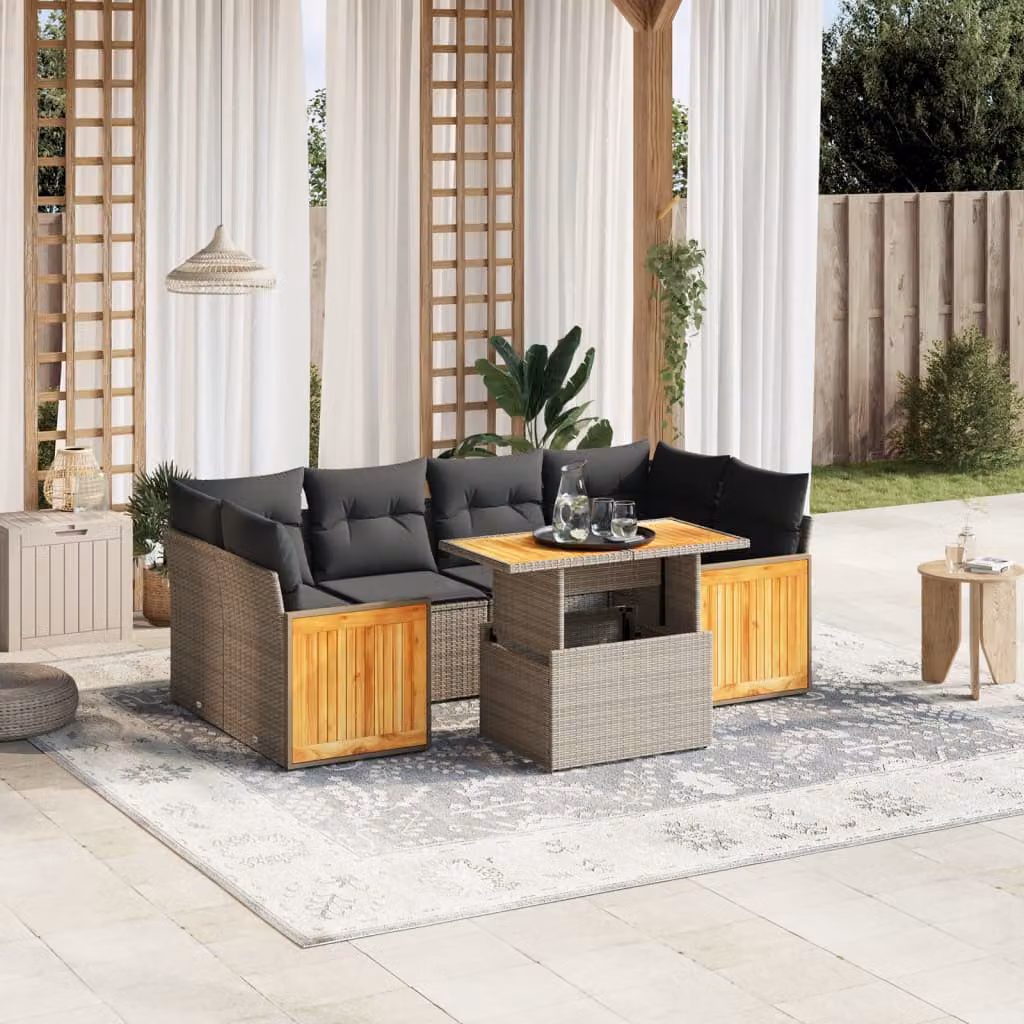 vidaXL Set Divani da Giardino 7 pz in Polyrattan Grigio con Cuscini e Tavolino da Caffè – 1