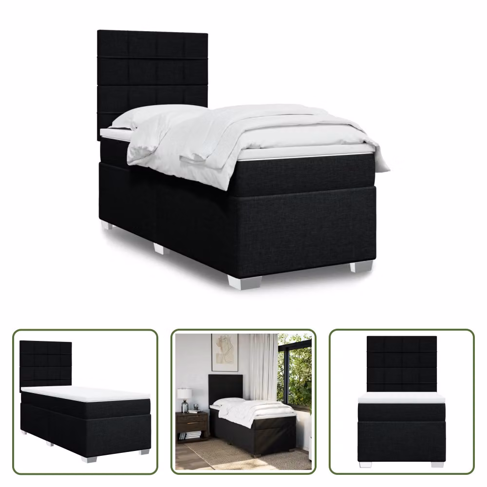The Living Store Letto a molle con materasso nero 90x200 cm in tessuto
