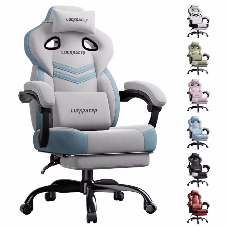 LUCKRACER sedia da gioco, sedia da ufficio con braccioli collegati, cuscino in memory foam, angolo di inclinazione di 90-155° e poggiapiedi, tessuto funzionale e resistente