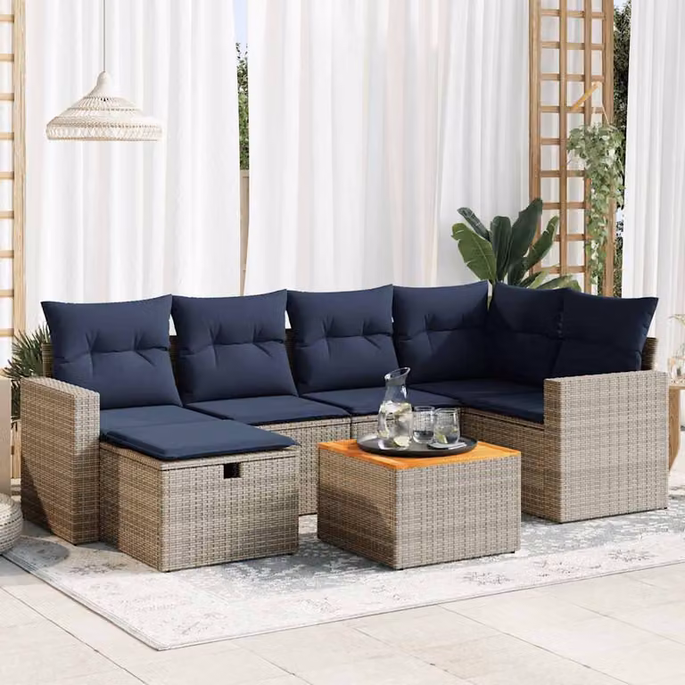 Set da giardino vidaXL composto da 7 pezzi con cuscini in polyrattan grigio e struttura in metallo per esterno