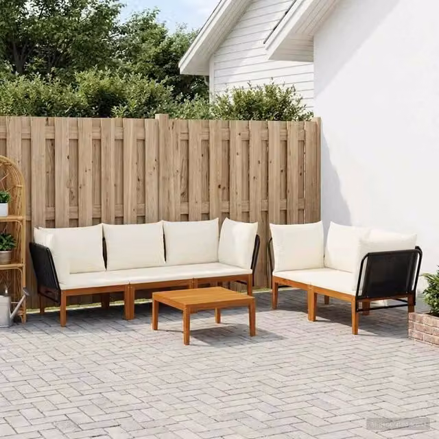 Set da giardino a forma di L vidaXL in legno di acacia con cuscini beige e bianco per esterno