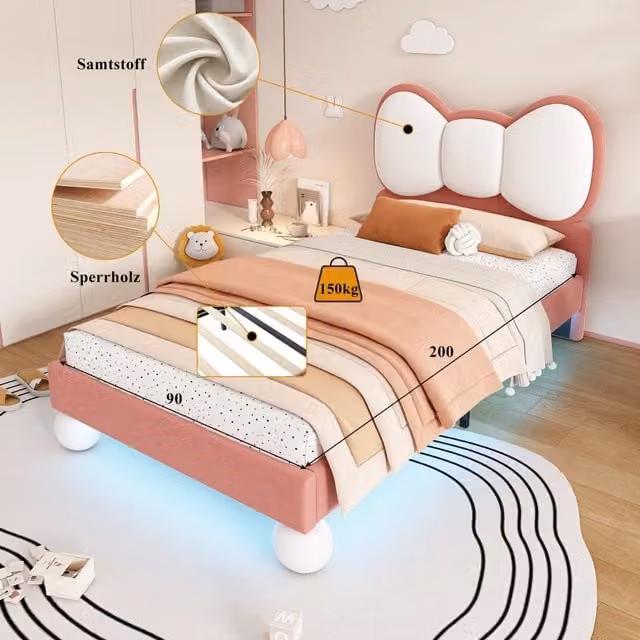Letto singolo per bambini 90x200 cm imbottito in velluto con testiera a forma di fiocco e luce LED