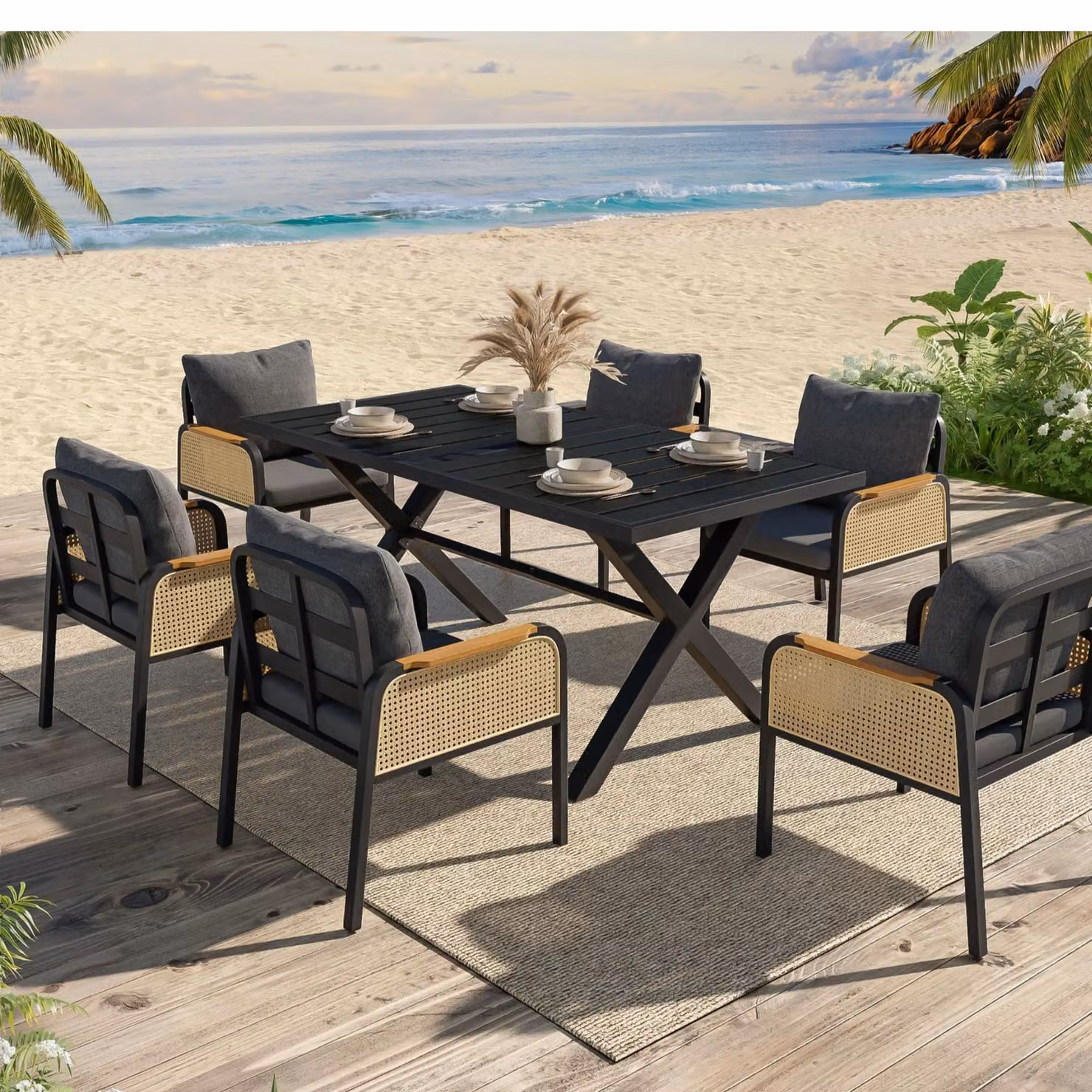 Set da pranzo moderno da 6 pezzi GL Store per giardino e terrazza in acciaio verniciato nero e composito beige e marrone con struttura a croce – 2