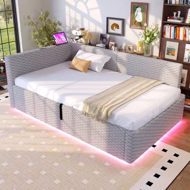 Letto 90x200 cm con contenitore idraulico; LED e ricarica USB Type-C in velluto