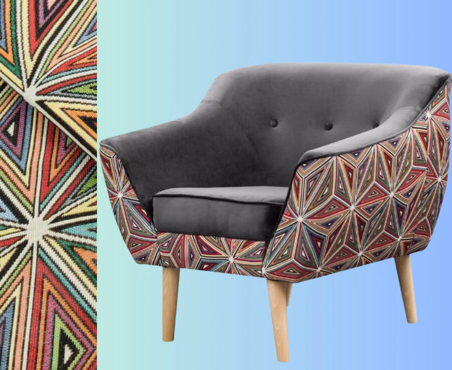 GUTTO LUXI Poltrona Poltrona reclinabile Grigio Motivo grafico Poltrona scandinava imbottita Gambe in legno Gambe alte in velluto Trapuntatura