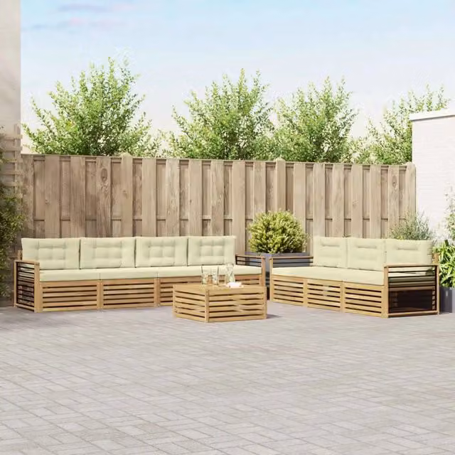 Set di mobili da giardino vidaXL a forma di U composto da 8 pezzi con divano a 3 posti, poltrone, tavolino da caffè e cuscini in tessuto bianco e beige con struttura in legno di acacia