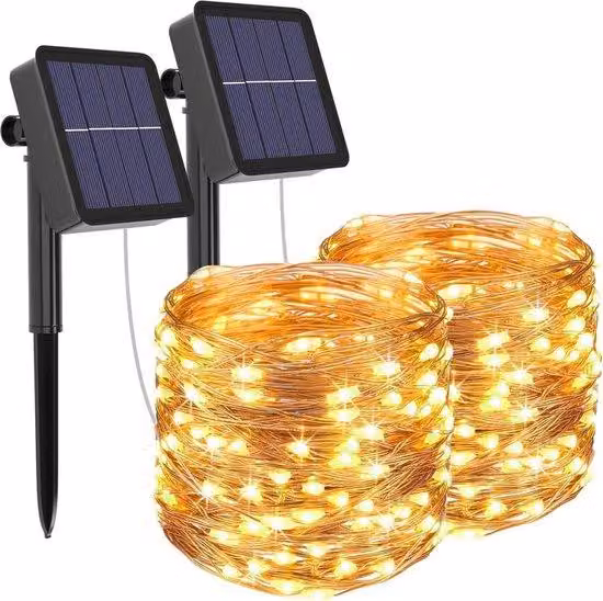 Catene luminose solari, confezione da 2, lunghezza 12 metri, 120 LED, per uso esterno, impermeabili, ideali per giardino, terrazza, portico, feste, luce bianca calda