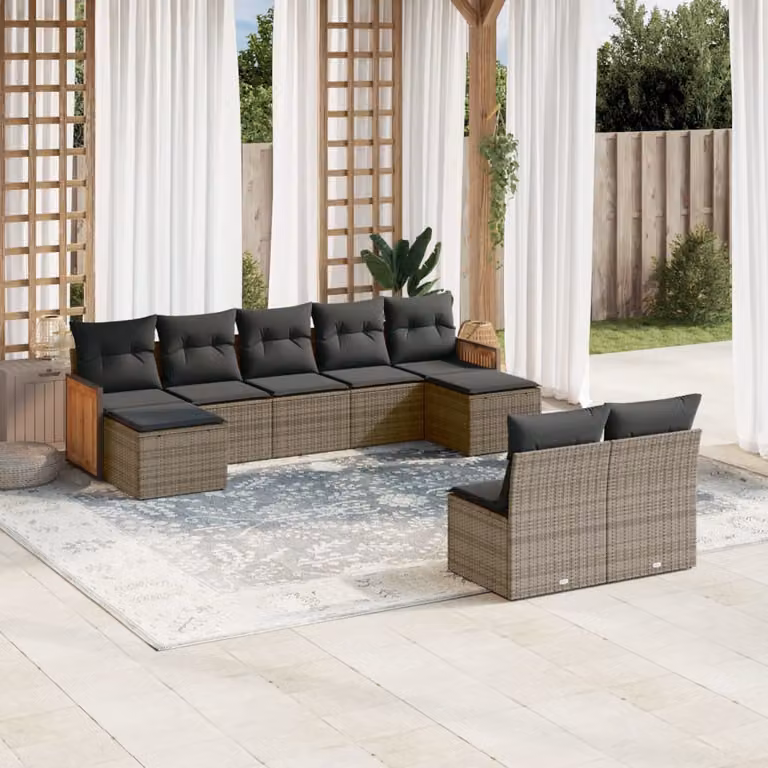 Set Divano da Giardino vidaXL 9 pz in Polyrattan Grigio con Cuscini e Coperture Rimovibili