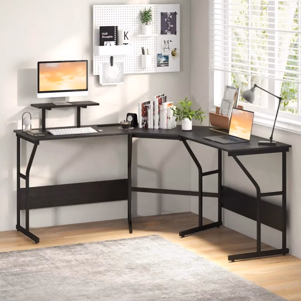 Scrivania ad angolo a forma di L con presa elettrica e supporto monitor mobile, colore nero, L: 225 cm – 2
