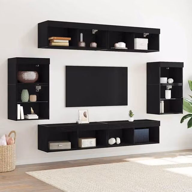 Set mobile TV 8 pz Rovere nero Legno ingegnerizzato 3334388