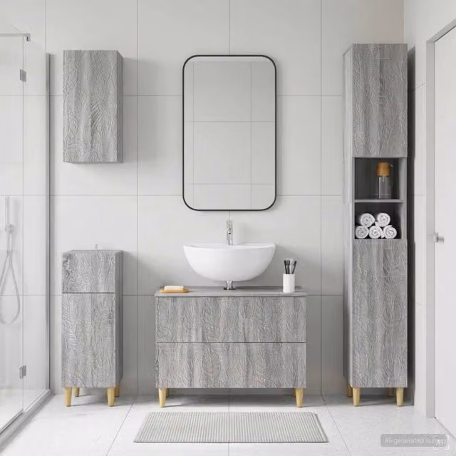 Set di mobili da bagno moderno vidaXL in legno grigio opaco con mobile sottolavabo e pensile a parete